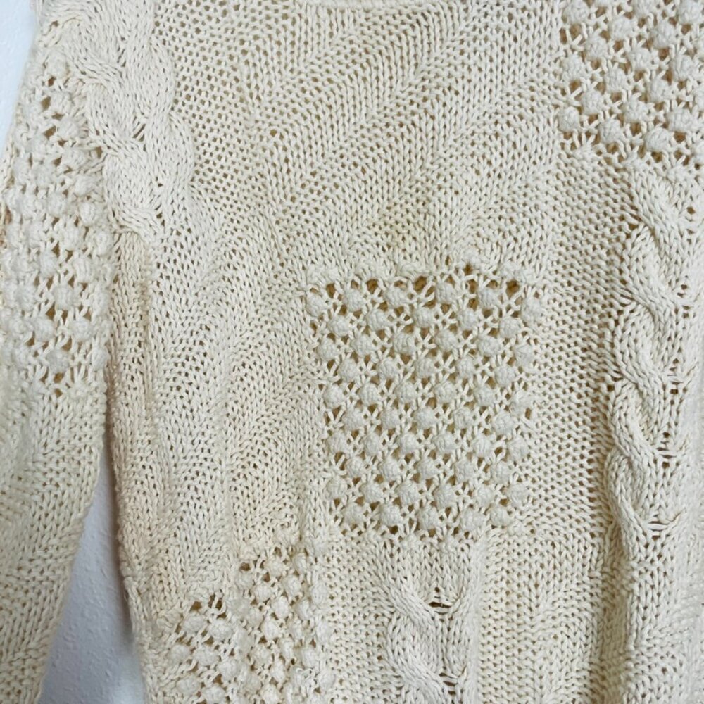 Vintage Hot Jazz Natural Made Hand Knit Cream knotted Eyelet Sweater Cottagecore - Picture 3 of 9